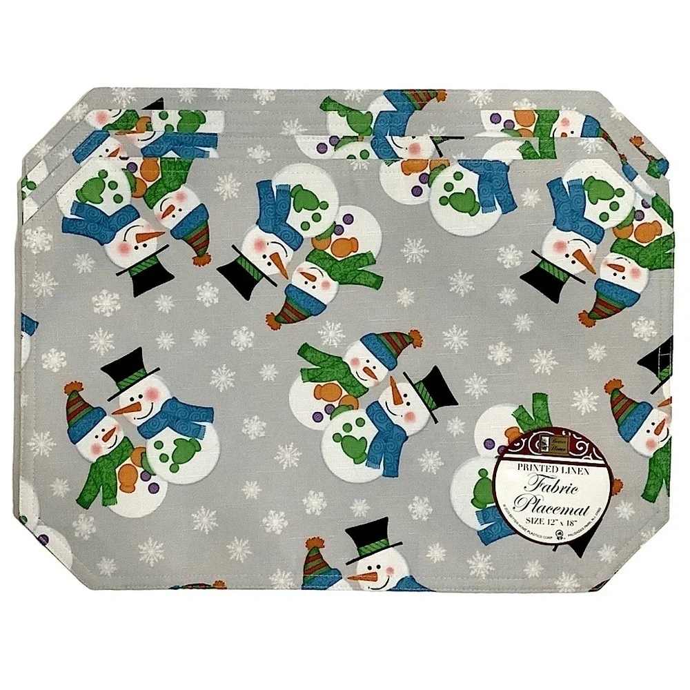 Winter Linen Print Fabric Placemats Snowman Reversible Grey Multi 12 X 18 in